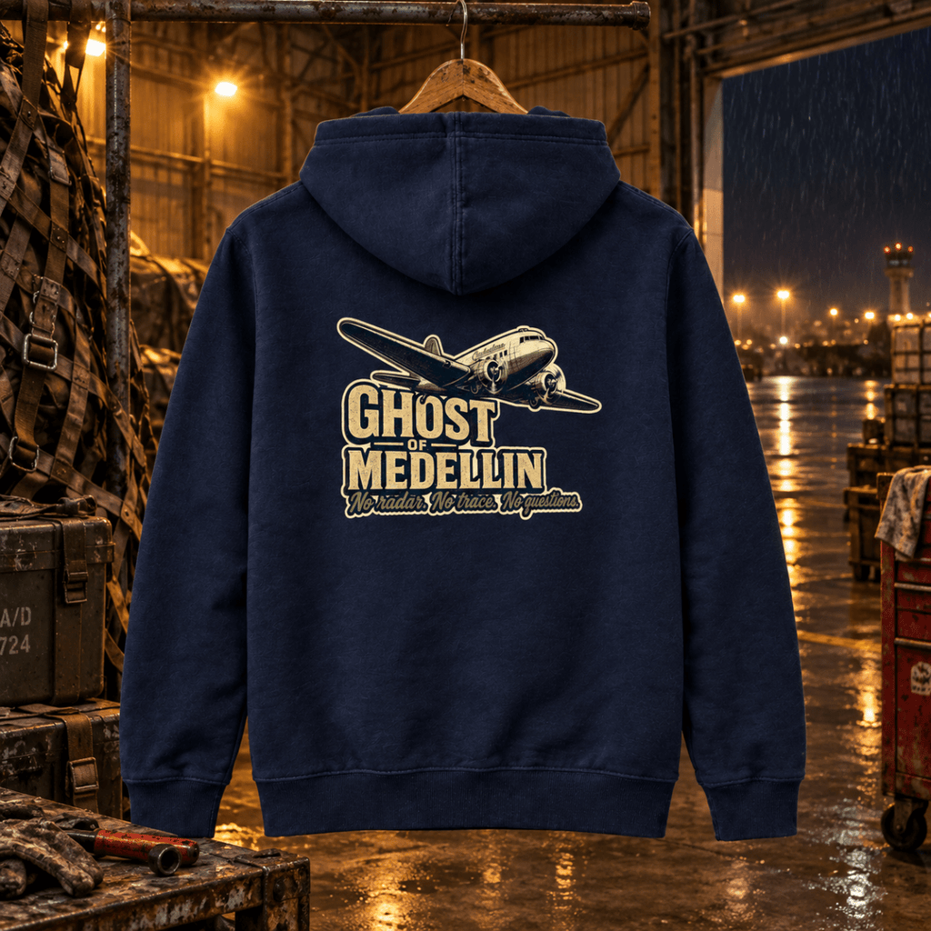 Navy Ghost of Medellin DC-3 hoodie in a rainy night cargo hangar