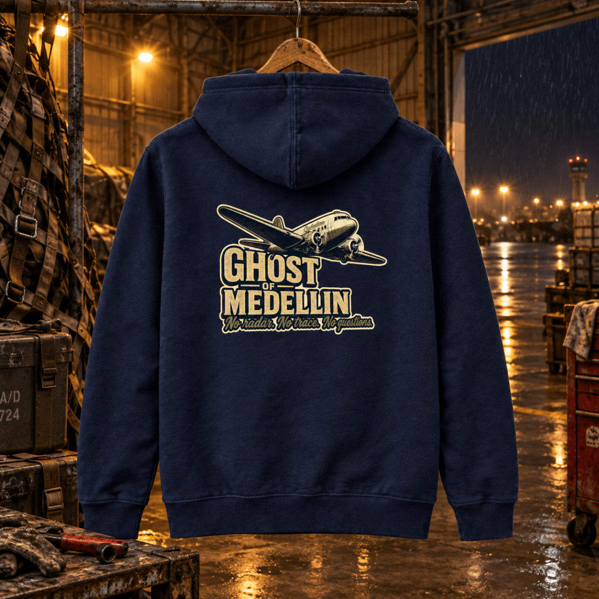 Navy Ghost of Medellin DC-3 hoodie in a rainy night cargo hangar