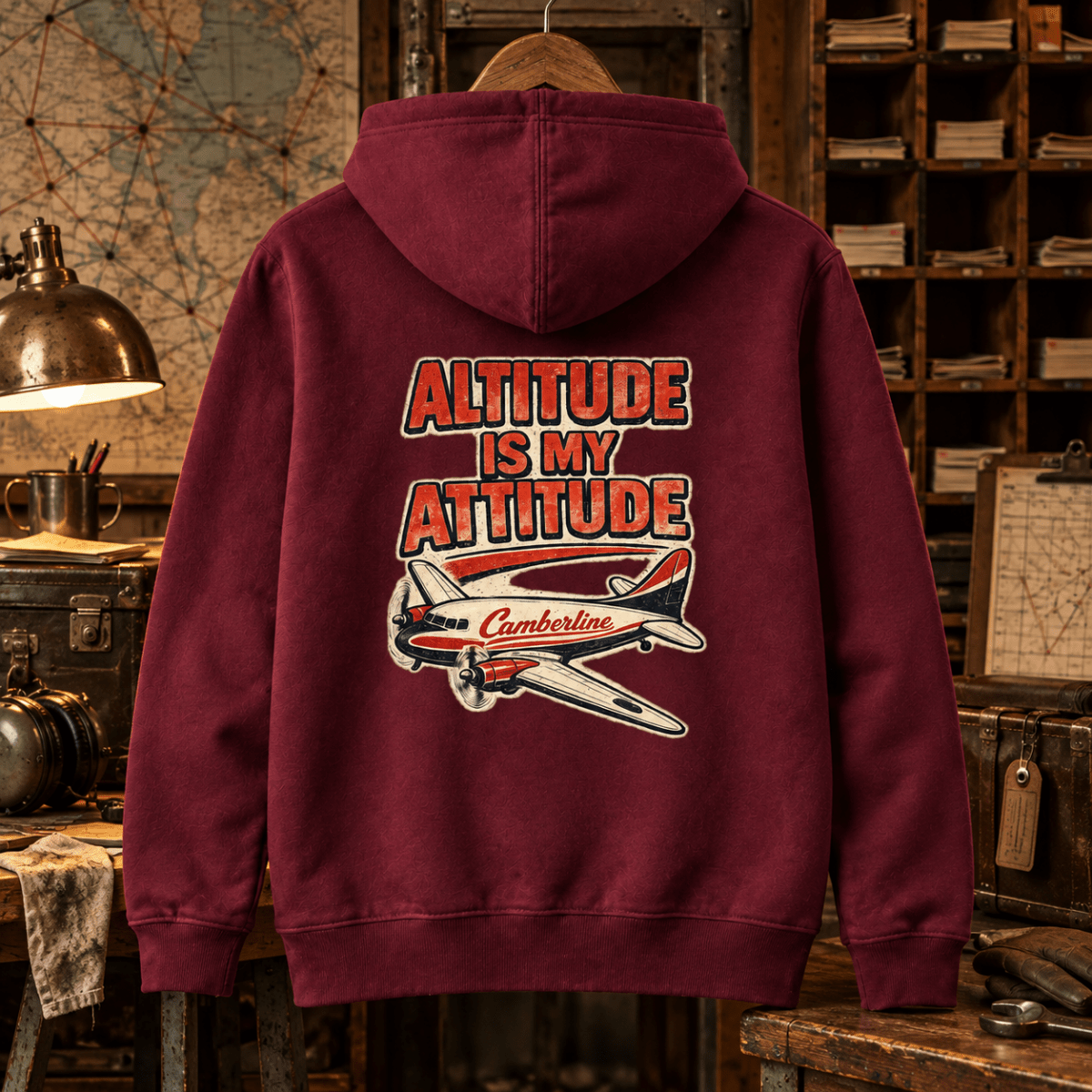Burgundy Altitude Is My Attitude airliner hoodie in a vintage dispatch room