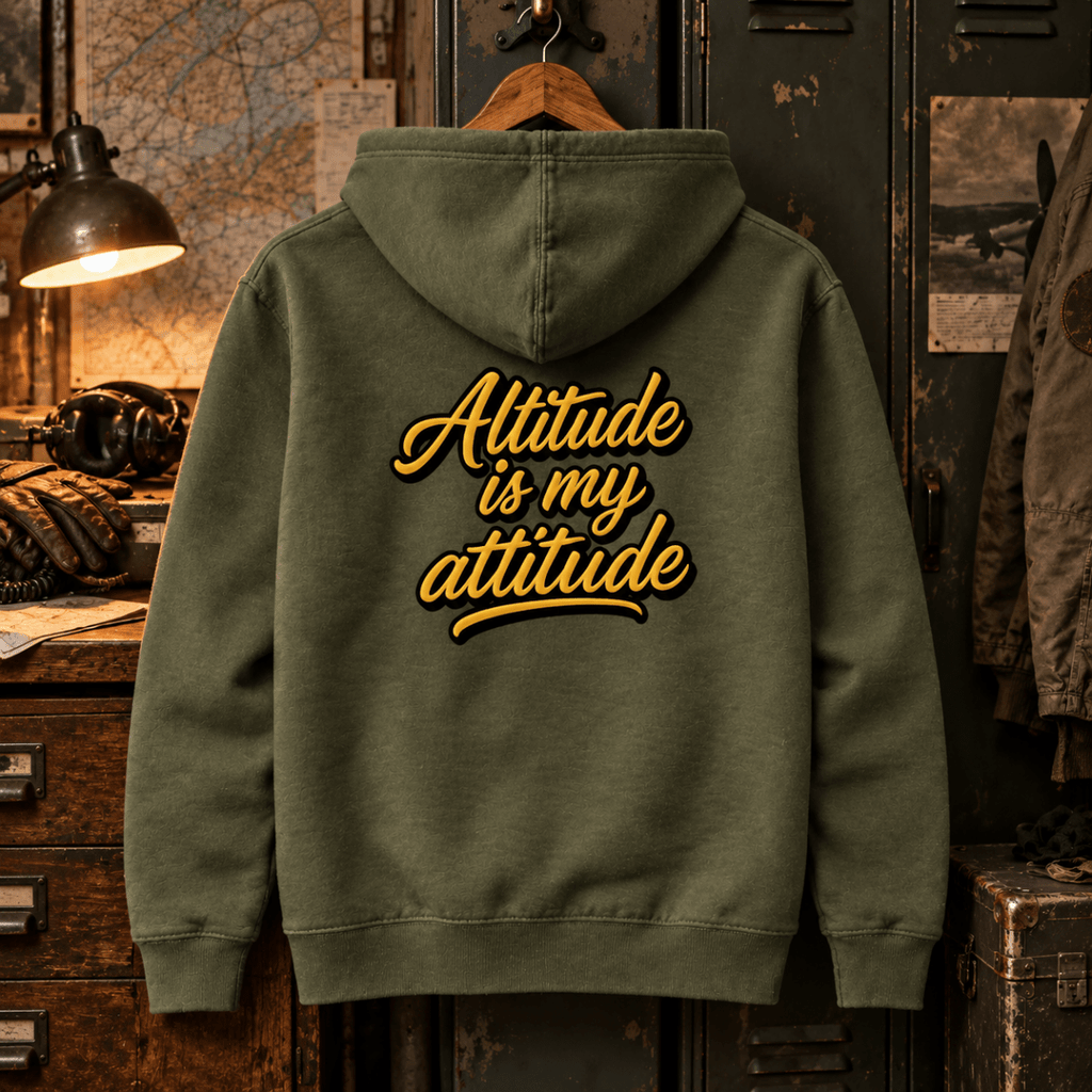 Military green Altitude Is My Attitude hoodie in a vintage pilot ready room