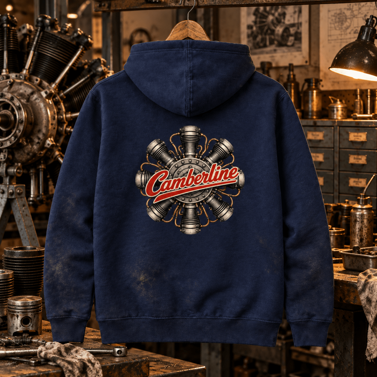 Navy Camberline radial-engine hoodie at an engine rebuild bench
