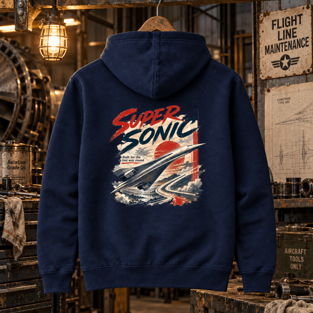 Navy Super Sonic Concorde hoodie in a gritty vintage aircraft workshop