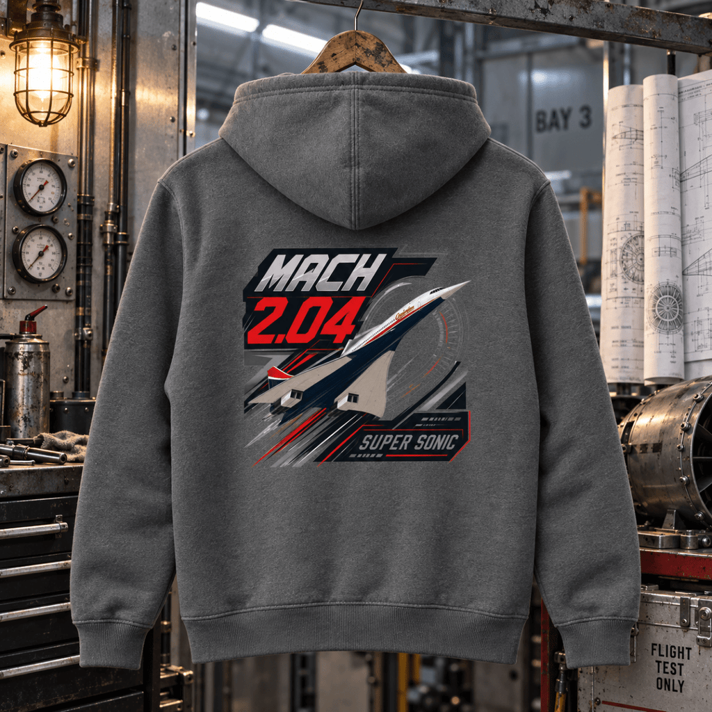 Charcoal Mach 2.04 Supersonic Concorde hoodie in a flight-test maintenance bay