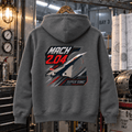 Charcoal Mach 2.04 Supersonic Concorde hoodie in a flight-test maintenance bay