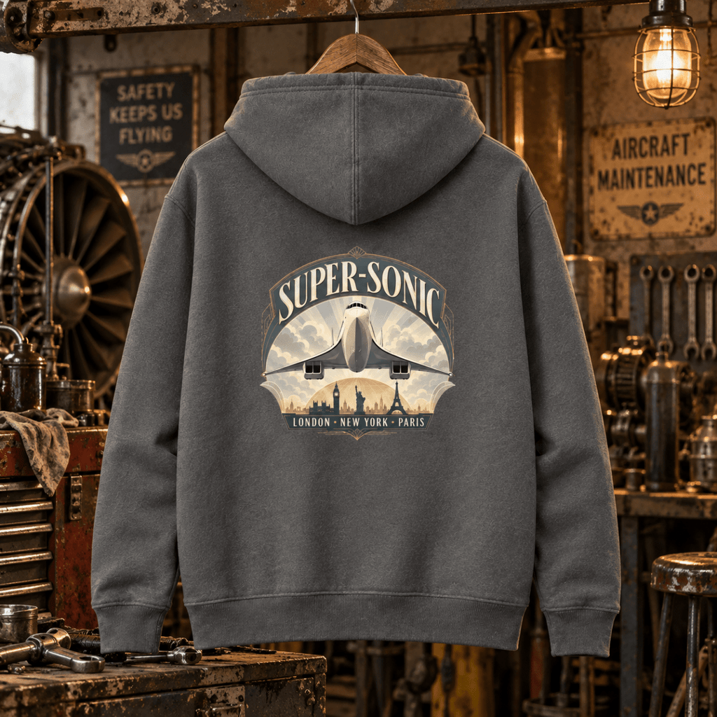 Charcoal Super-Sonic London New York Paris Concorde hoodie in a gritty vintage aircraft workshop