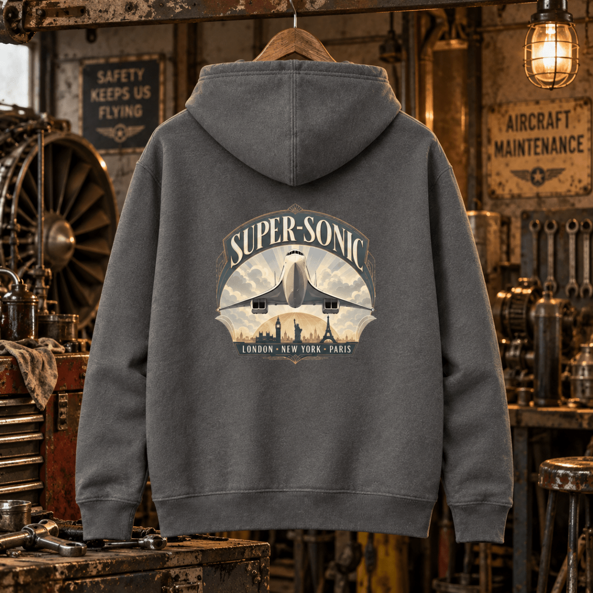 Charcoal Super-Sonic London New York Paris Concorde hoodie in a gritty vintage aircraft workshop