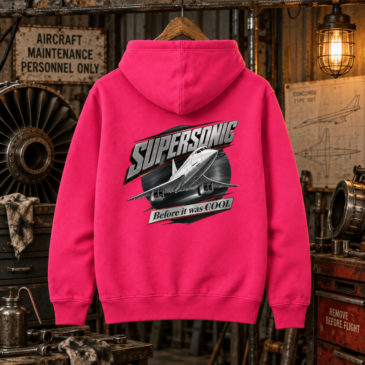 Hot pink Supersonic Before It Was Cool Concorde hoodie in a gritty vintage aircraft workshop