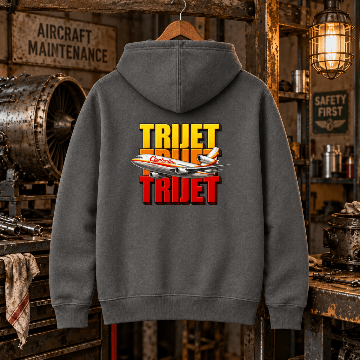 Charcoal Trijet retro airliner hoodie in a gritty vintage aircraft workshop