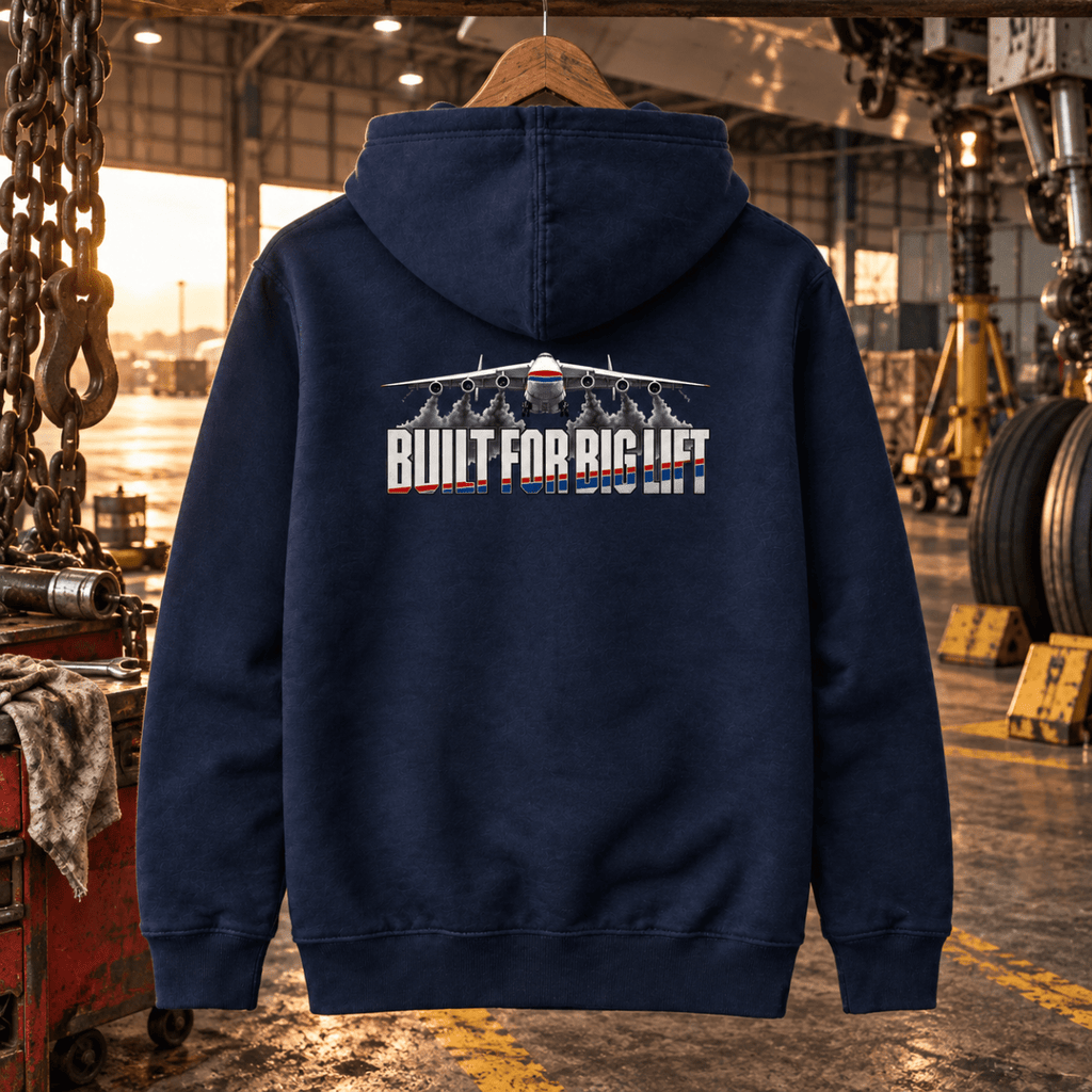 Navy Built for Big Lift cargo-aircraft hoodie in a heavy maintenance hangar