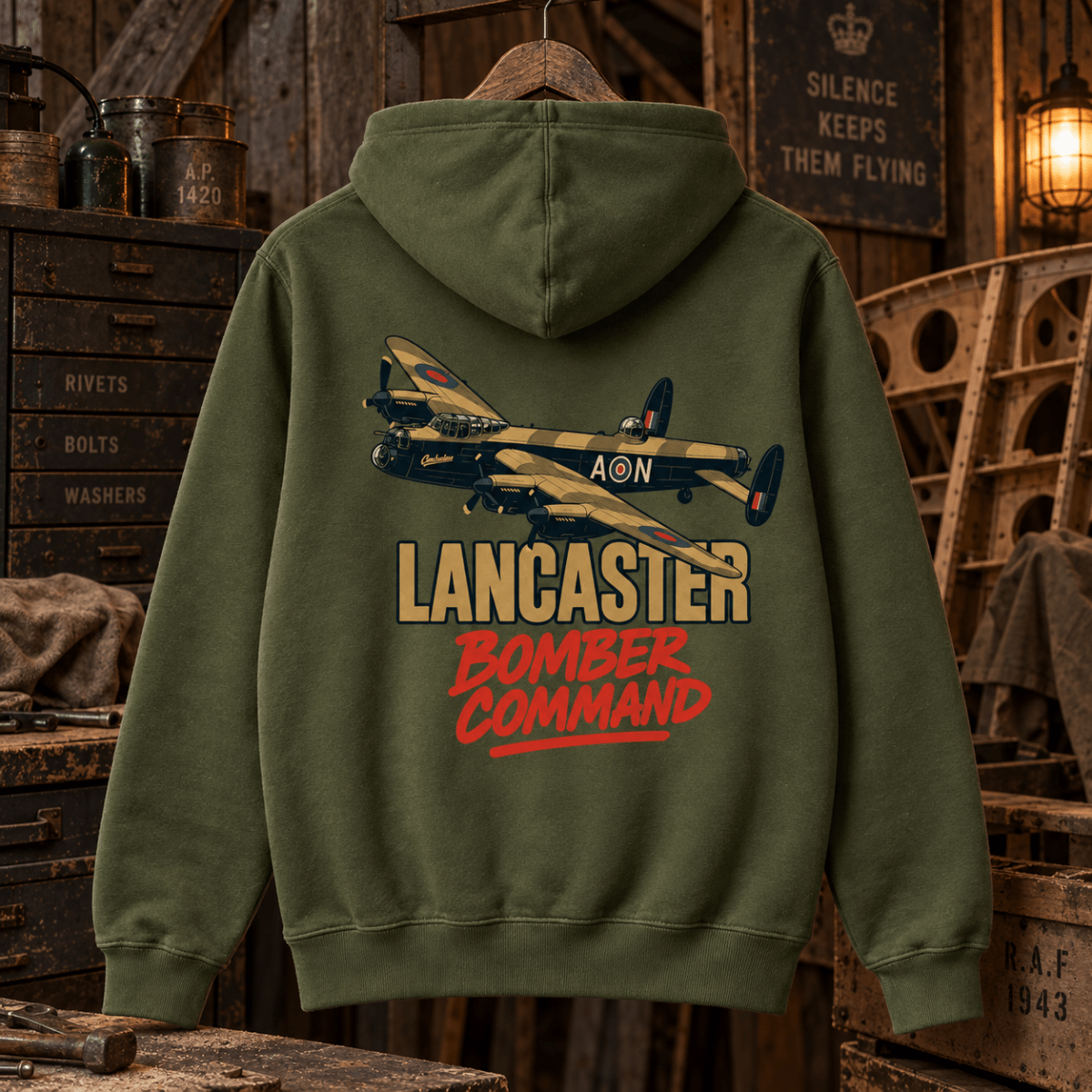 Military green Lancaster Bomber Command hoodie in a wartime timber hangar