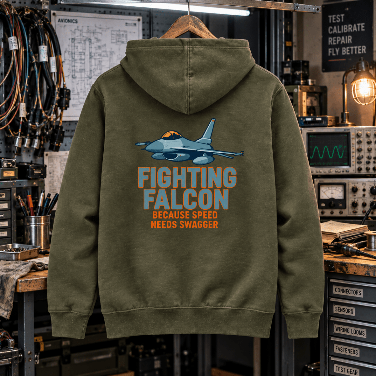 Military green Fighting Falcon hoodie in a modern avionics workshop