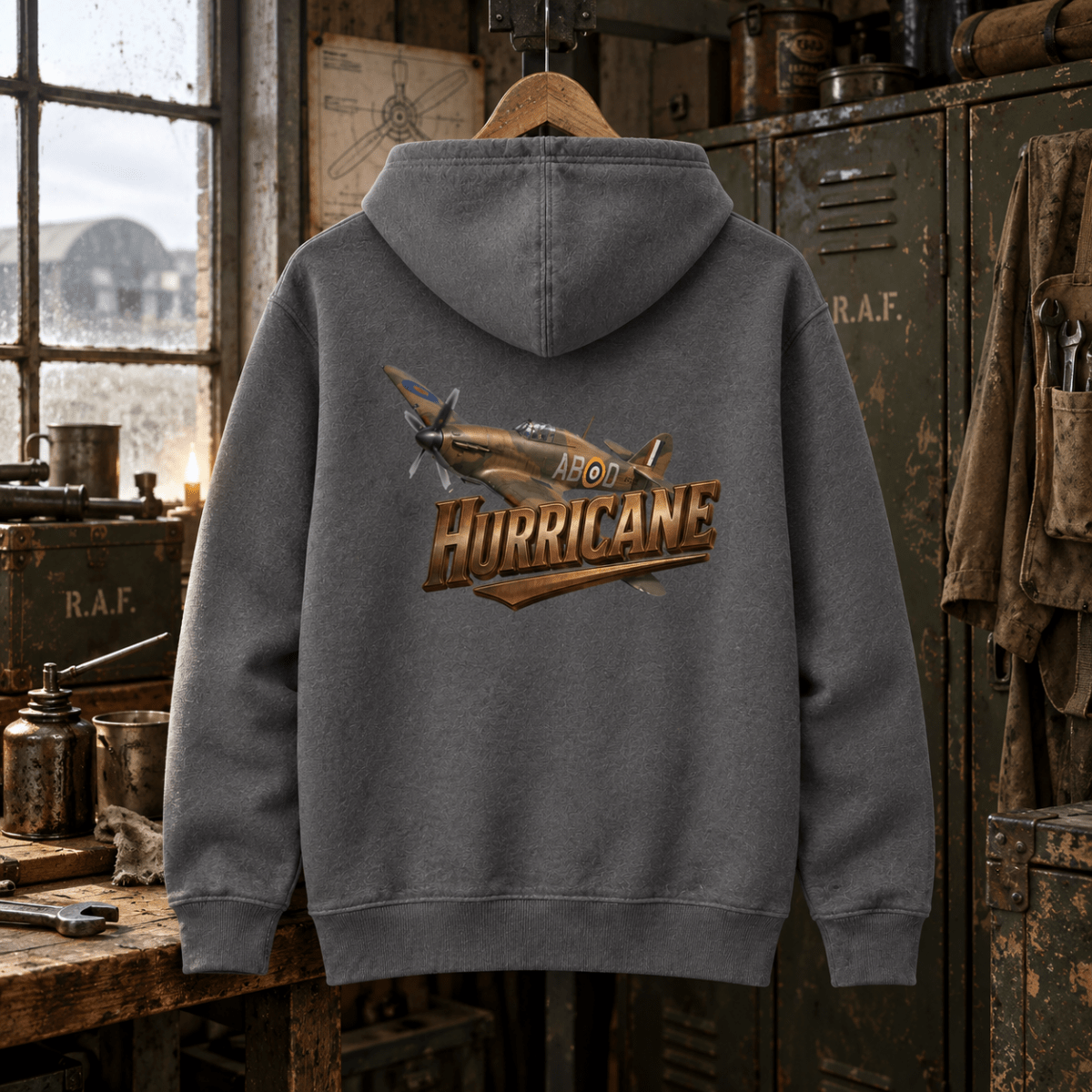 Charcoal Hurricane hoodie in an old RAF dispersal workshop