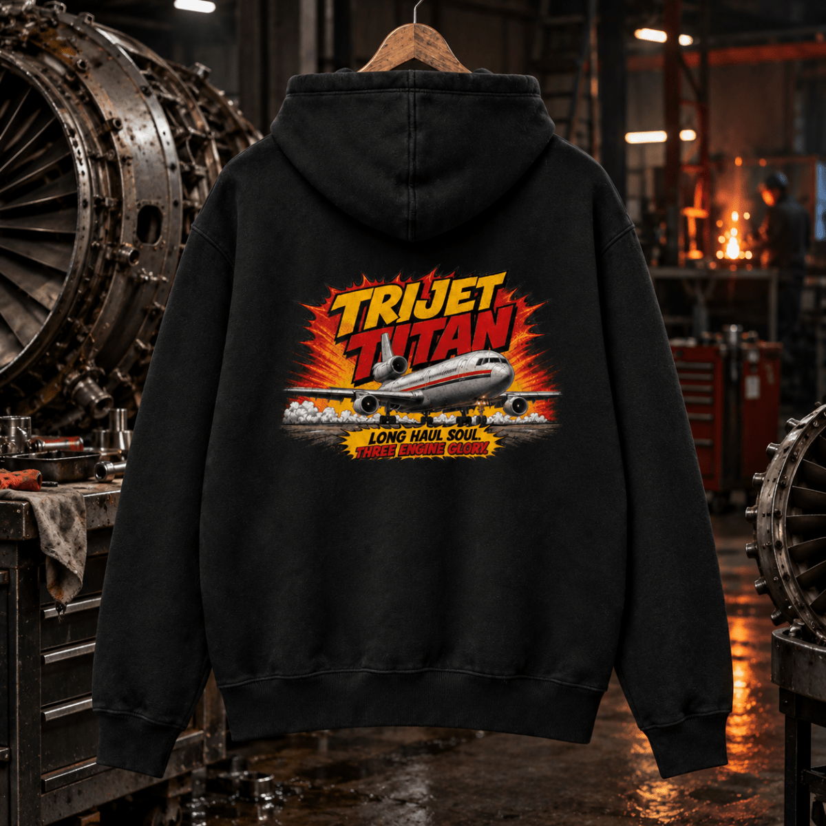 Trijet Titan black aviation hoodie in night engine overhaul bay