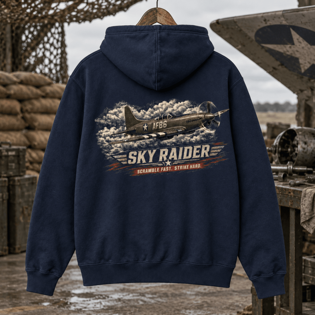 Sky Raider navy aviation hoodie in wartime dispersal workshop