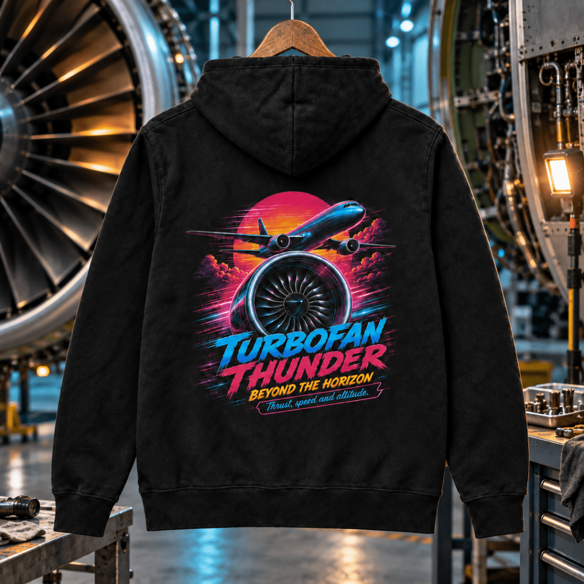 Turbofan Thunder black aviation hoodie in turbofan inspection lab