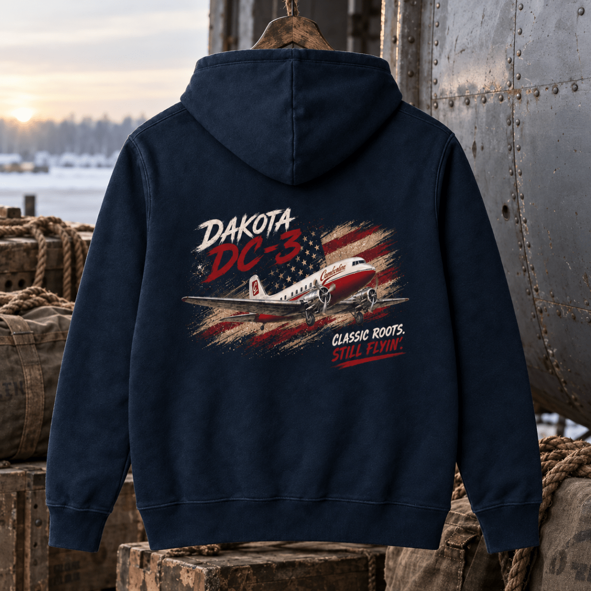 Dakota DC-3 navy aviation hoodie in cold dawn cargo depot