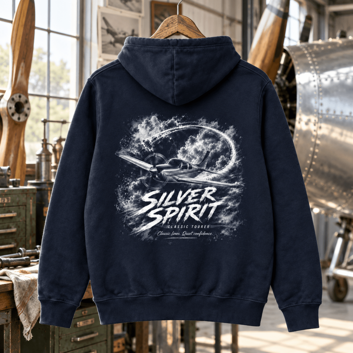Silver Spirit navy aviation hoodie in flying-club restoration workshop