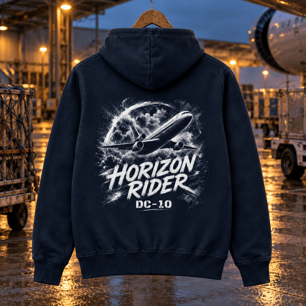 Horizon Rider DC-10 navy aviation hoodie at wet ramp maintenance shelter