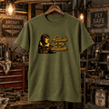 Military green Altitude Is My Attitude pilot T-shirt in a gritty vintage aircraft workshop