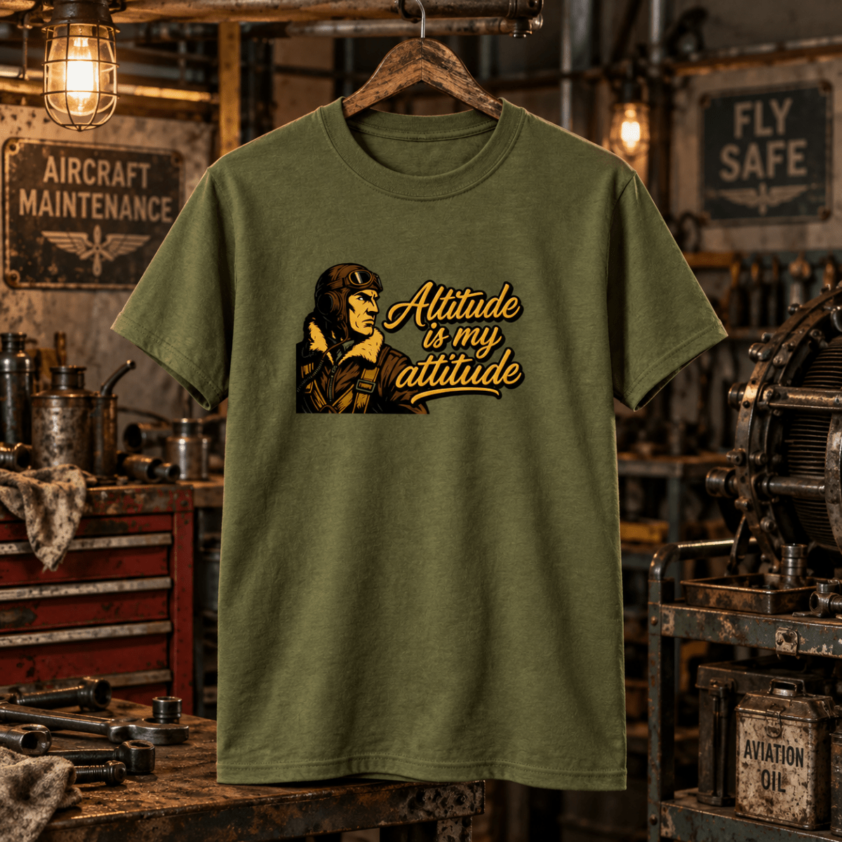Military green Altitude Is My Attitude pilot T-shirt in a gritty vintage aircraft workshop