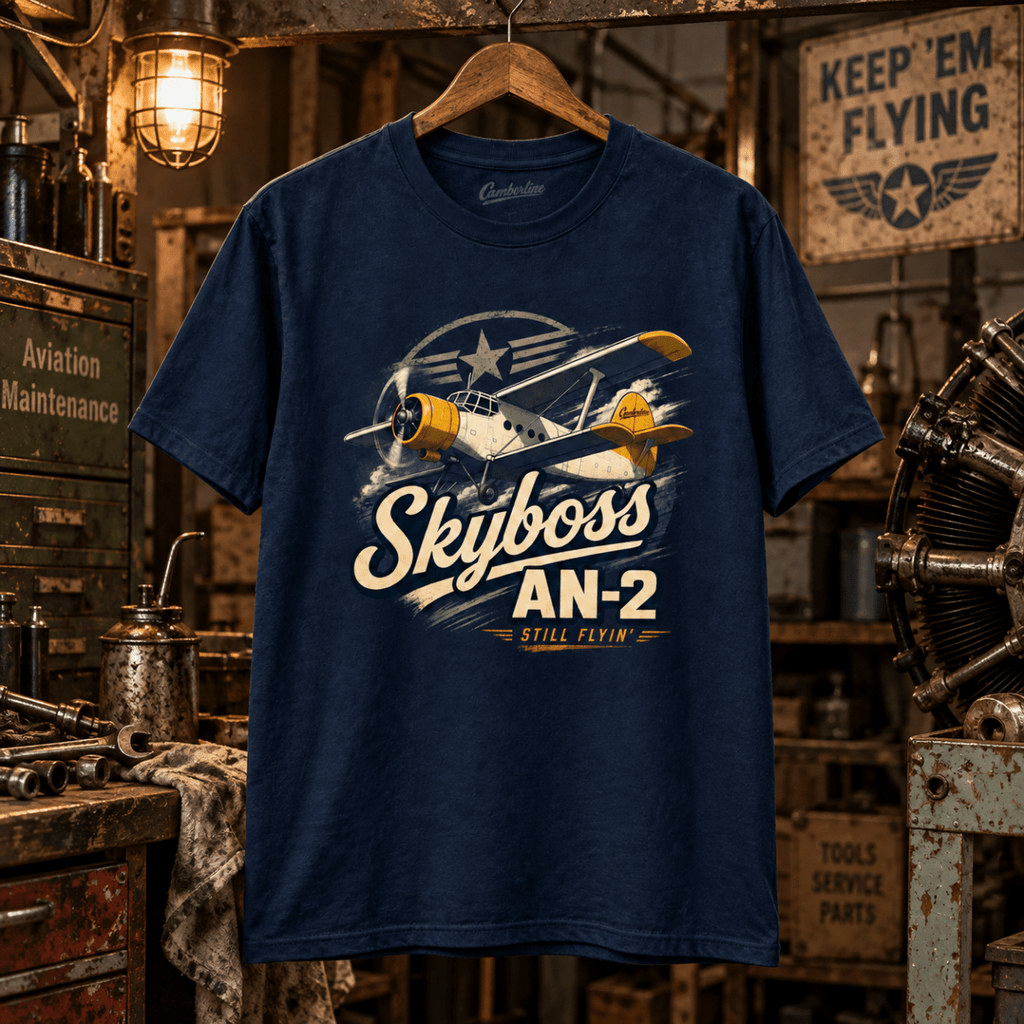 Navy Skyboss AN-2 biplane T-shirt in a gritty vintage aircraft workshop