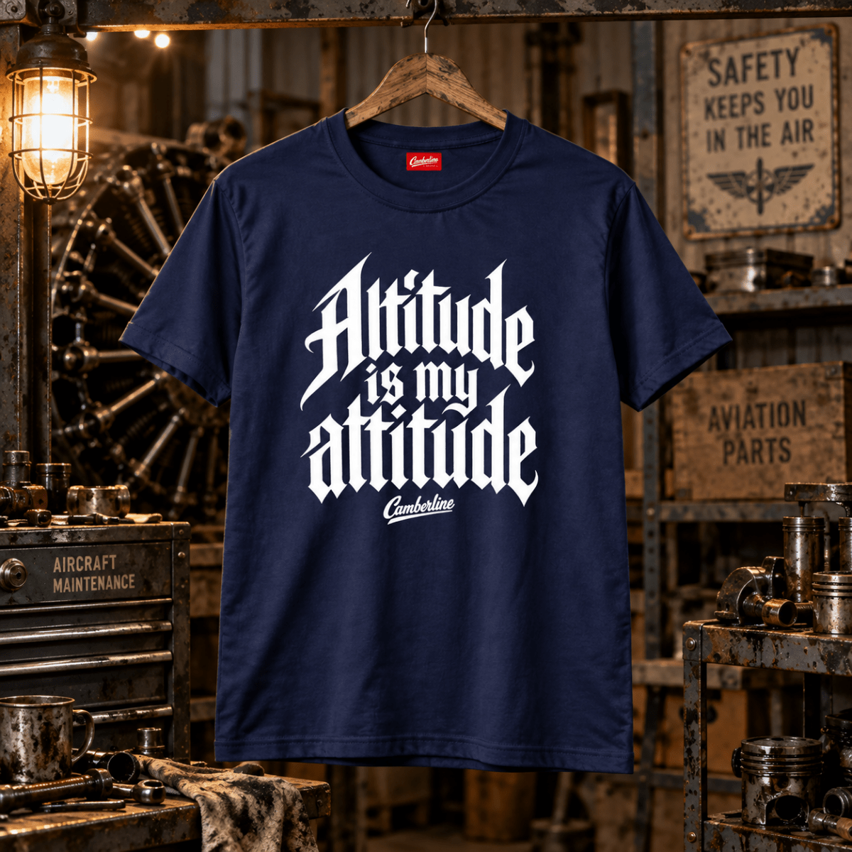 Navy Altitude Is My Attitude Gothic aviation T-shirt in a gritty vintage aircraft workshop