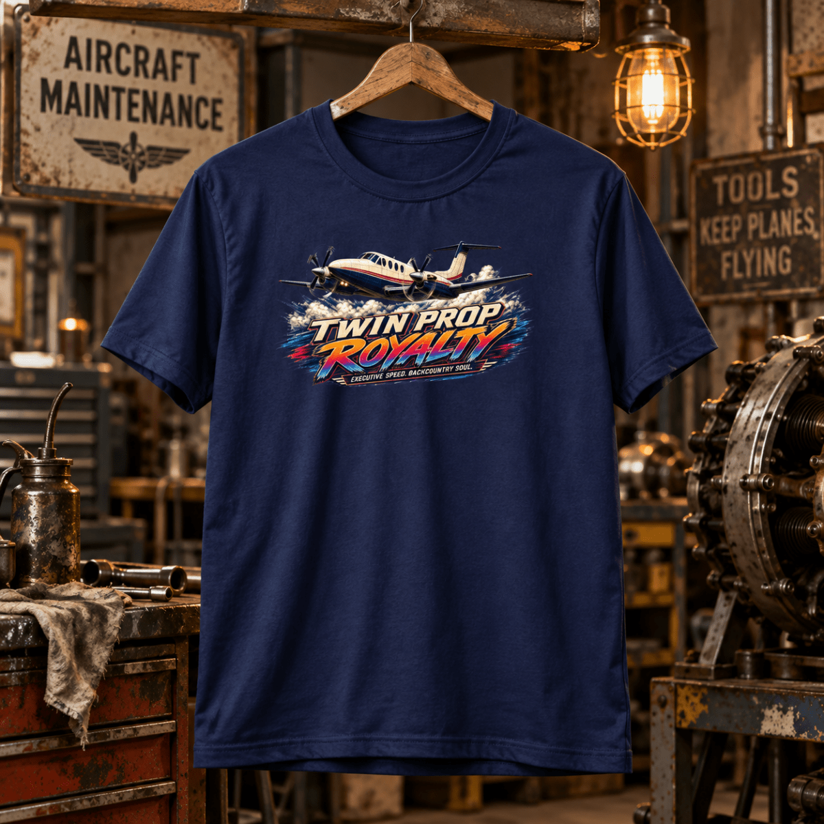 Navy Twin Prop Royalty aviation T-shirt in a gritty vintage aircraft workshop