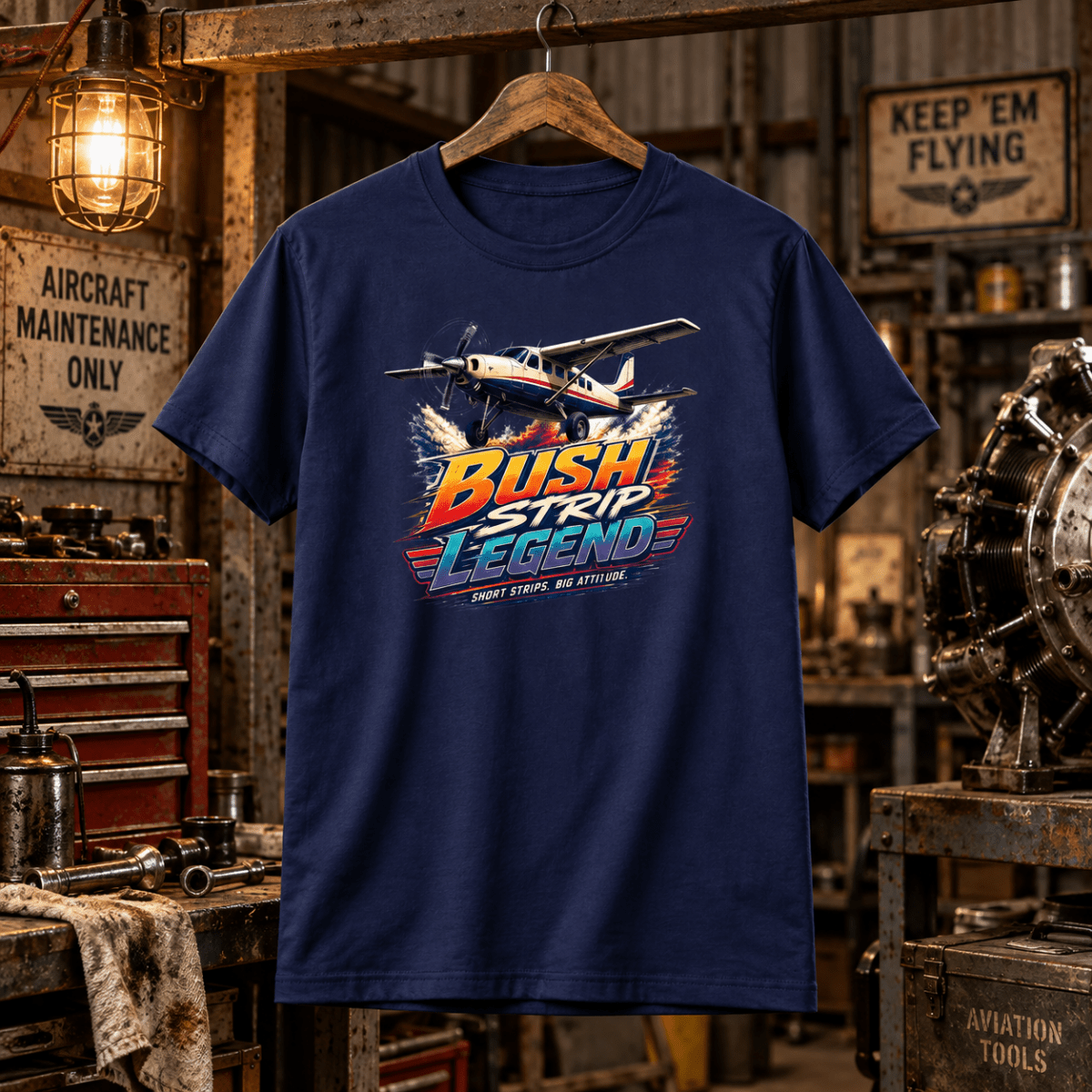 Navy Bush Strip Legend utility aircraft T-shirt in a gritty vintage aircraft workshop