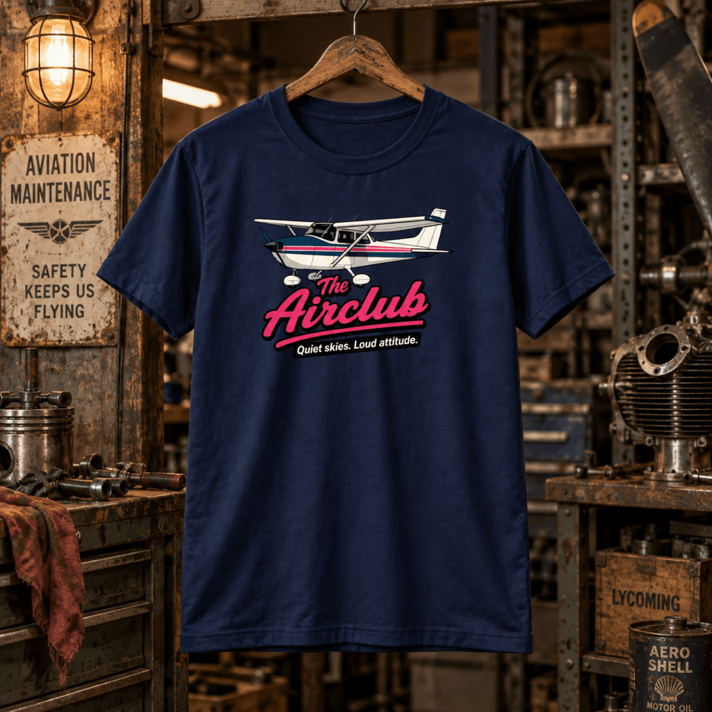 Navy The Airclub light aircraft T-shirt in a gritty vintage aircraft workshop