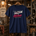 Navy The Airclub light aircraft T-shirt in a gritty vintage aircraft workshop