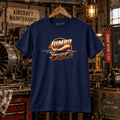 Navy Jumbo Boeing 747 aviation T-shirt in a gritty vintage aircraft workshop