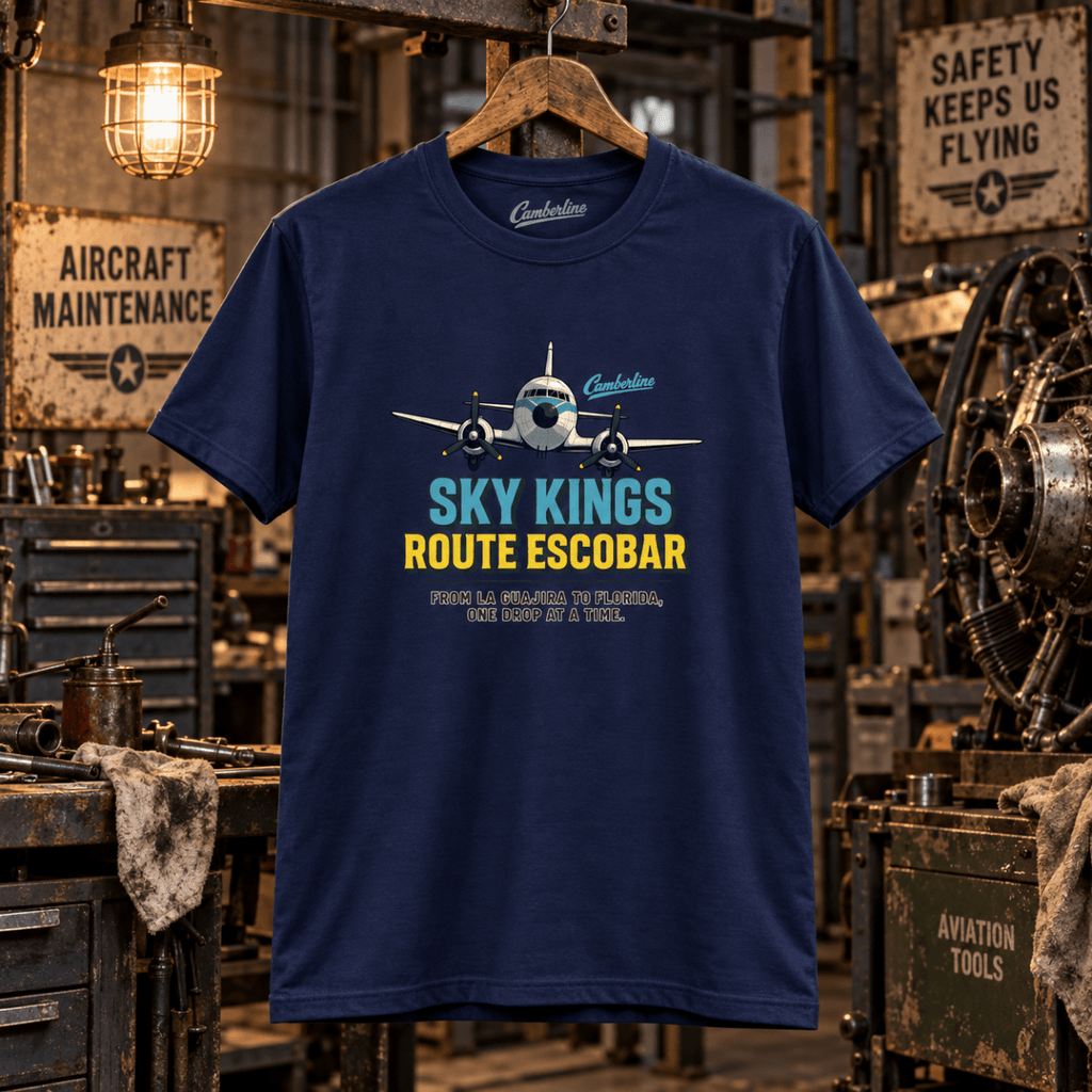 Navy Sky Kings Route Escobar aviation T-shirt in a gritty vintage aircraft workshop