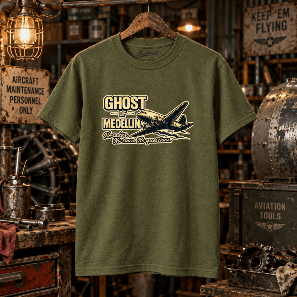 Military green Ghost of Medellin DC-3 T-shirt in a gritty vintage aircraft workshop