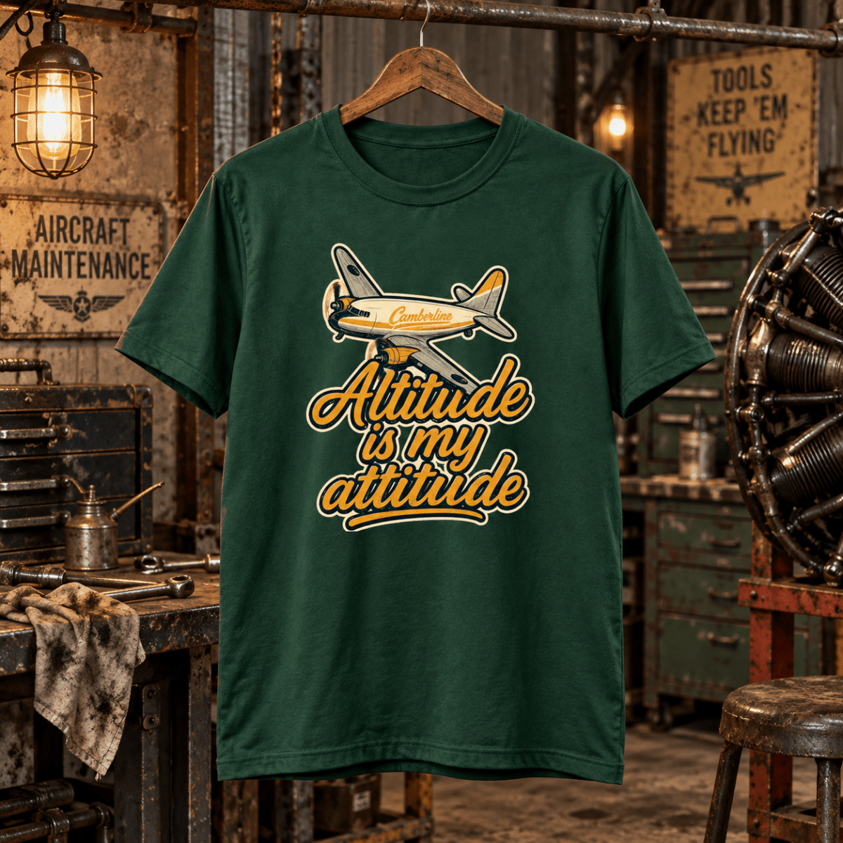 Forest green Altitude Is My Attitude aviation T-shirt in a gritty vintage aircraft workshop
