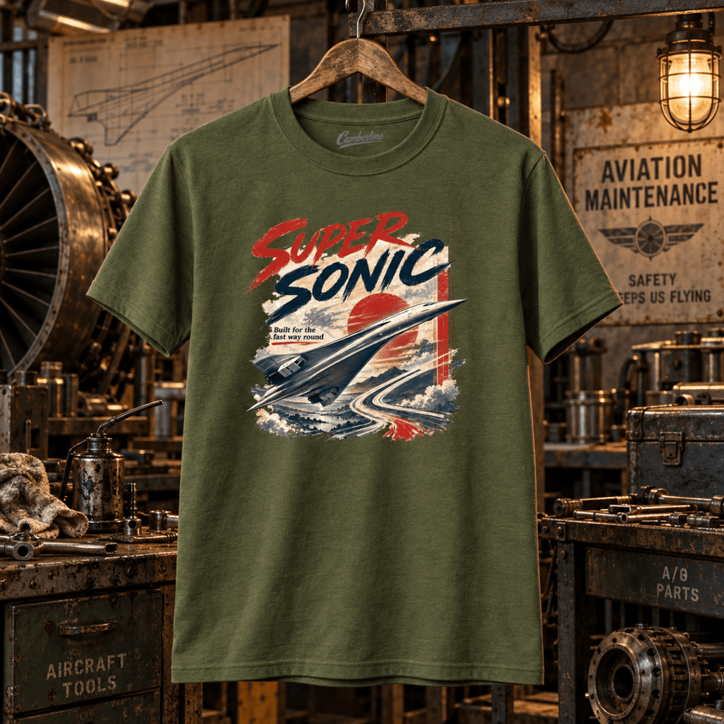 Military green Super Sonic Concorde T-shirt in a gritty vintage aircraft workshop