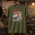 Military green Super Sonic Concorde T-shirt in a gritty vintage aircraft workshop