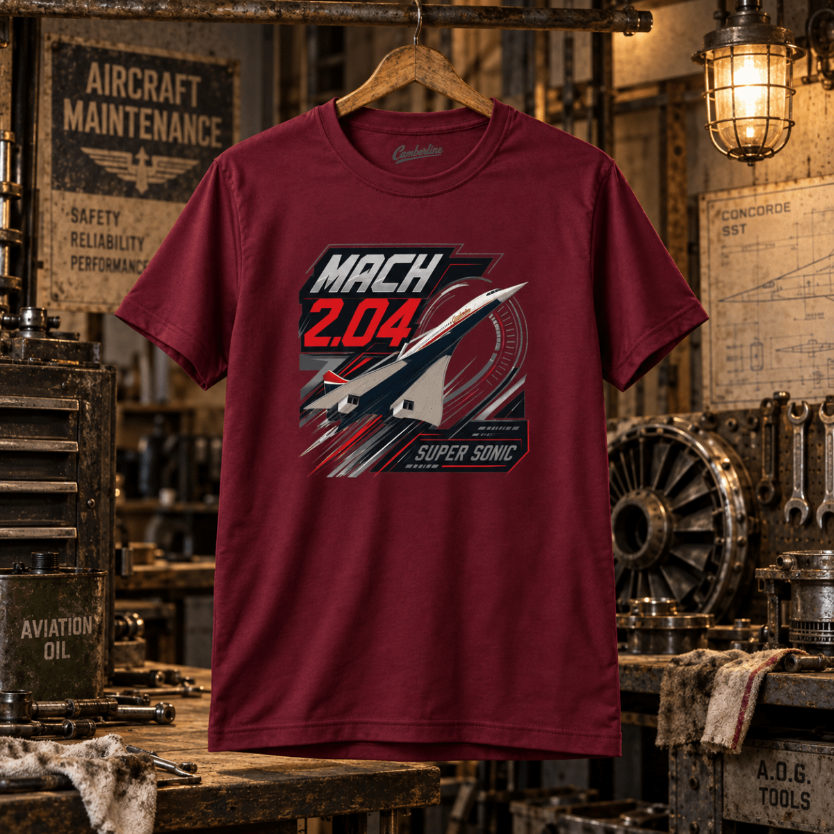 Burgundy Mach 2.04 Supersonic Concorde T-shirt in a gritty vintage aircraft workshop