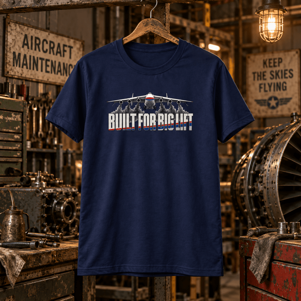 Navy Built for Big Lift An-225 aviation T-shirt in a gritty vintage aircraft workshop