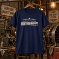 Navy Built for Big Lift An-225 aviation T-shirt in a gritty vintage aircraft workshop