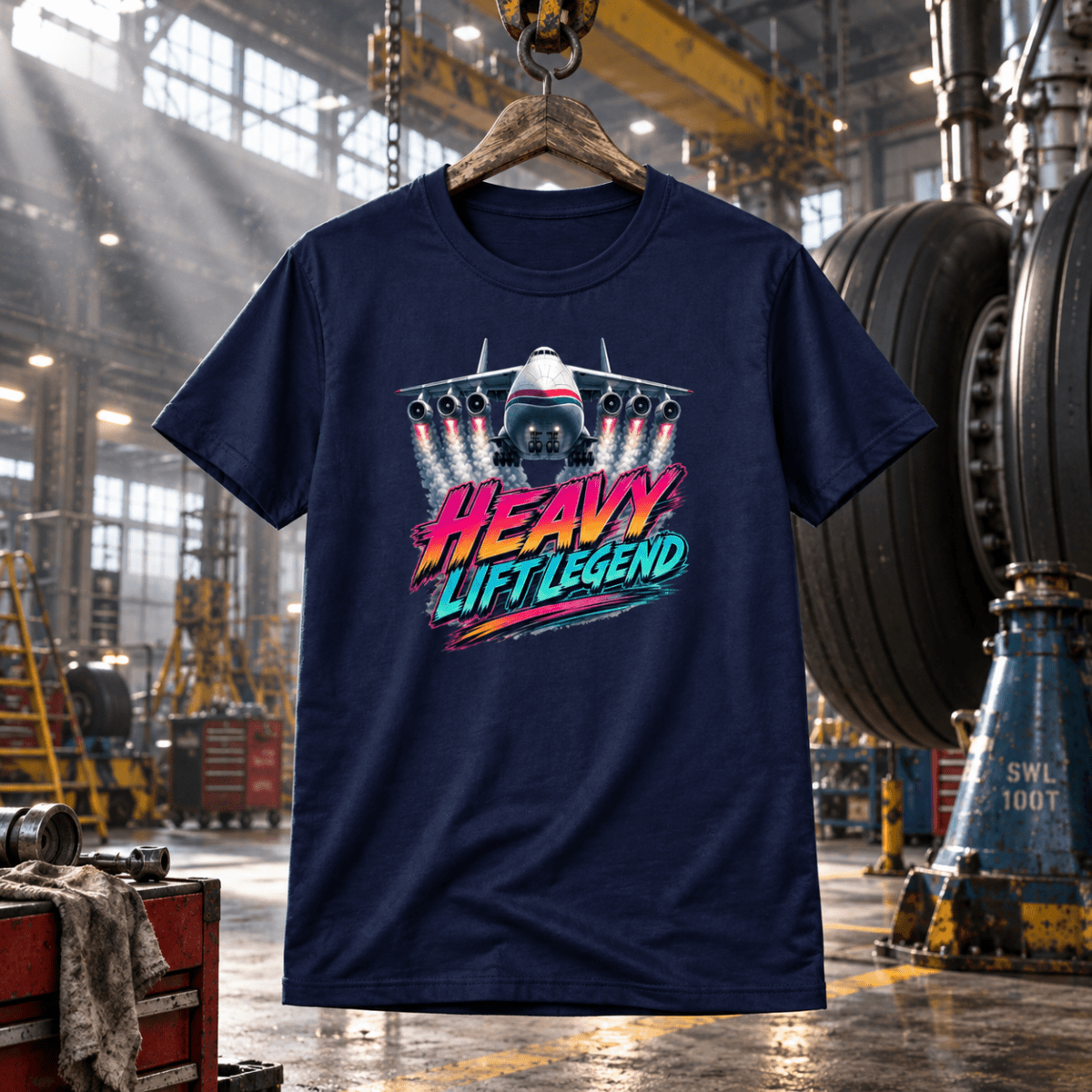 Navy Heavy Lift Legend cargo-aircraft T-shirt in an industrial overhaul bay