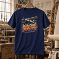 Navy Biplane Brute aviation T-shirt in a vintage fabric-and-rigging shop