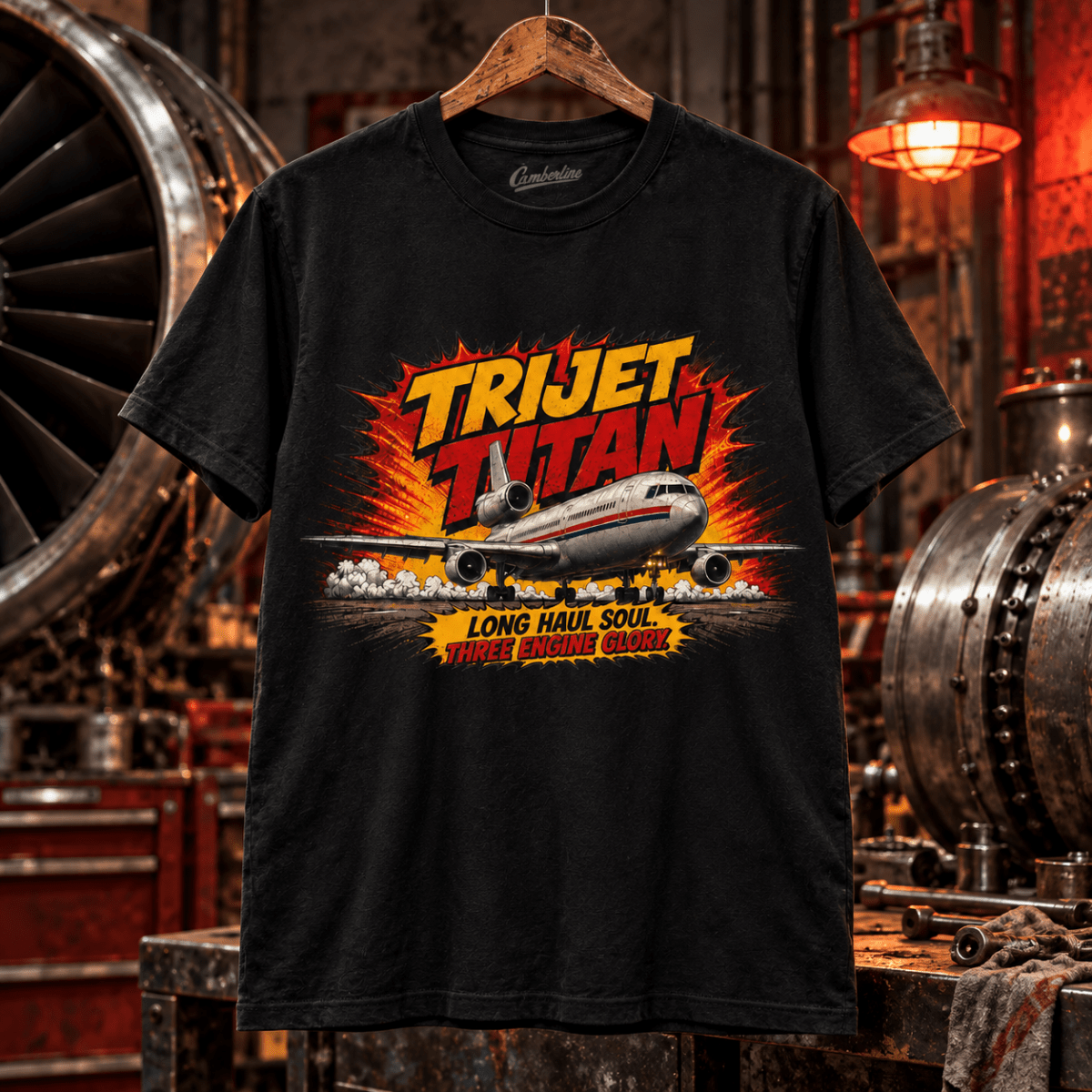 Trijet Titan black aviation T-shirt in retro airline machine shop