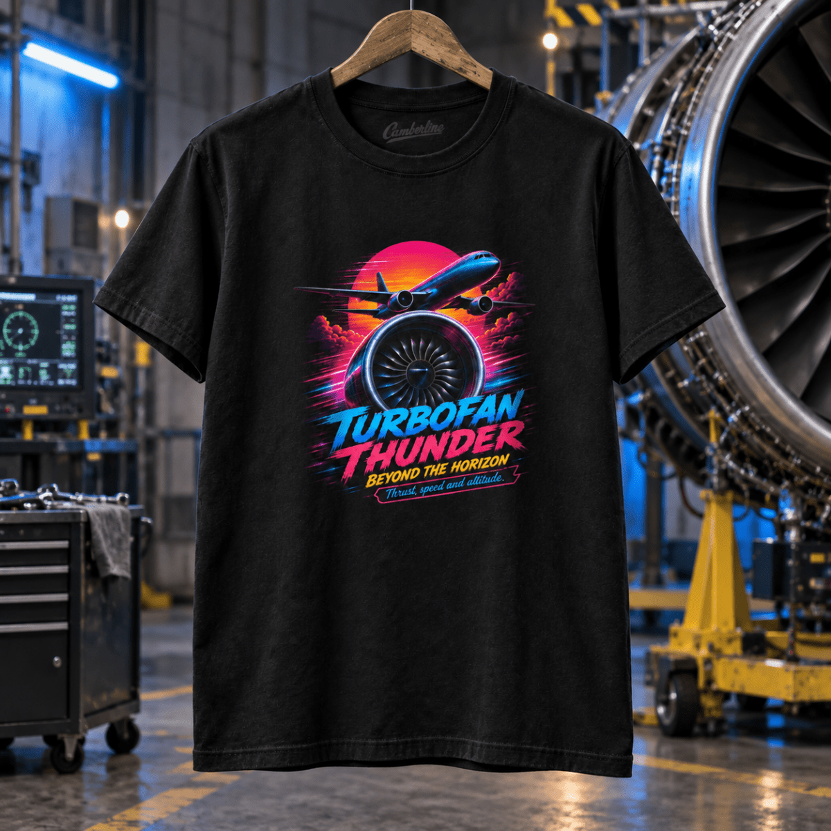 Turbofan Thunder black aviation T-shirt in engine test workshop