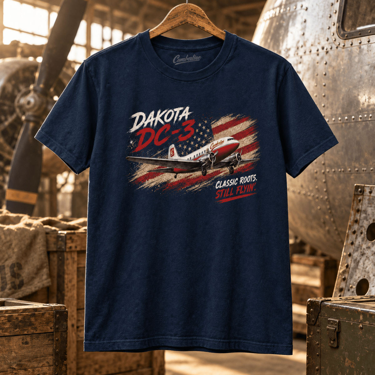 Dakota DC-3 navy aviation T-shirt in vintage transport restoration barn