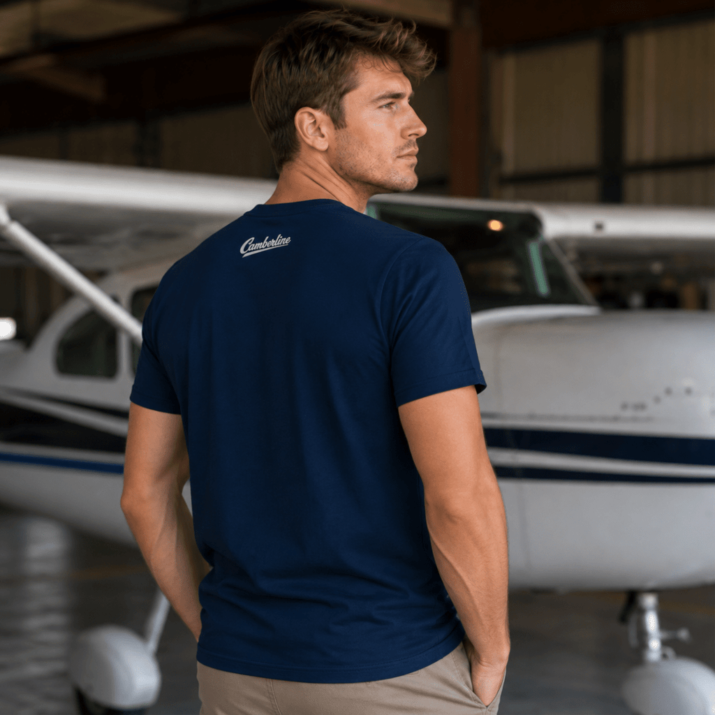 Model wearing Sky Scout navy T-shirt showing Camberline nape detail