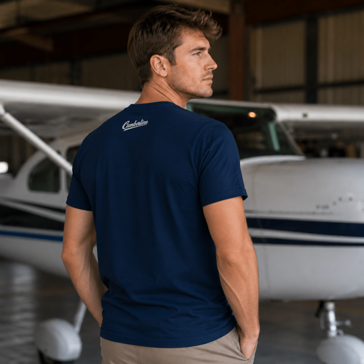 Model wearing Sky Scout navy T-shirt showing Camberline nape detail