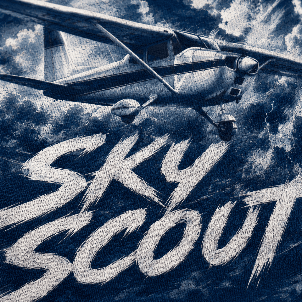 Close-up of Sky Scout light aircraft halftone DTF print on navy fabric