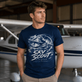 Model wearing Sky Scout light aircraft navy aviation T-shirt, front view