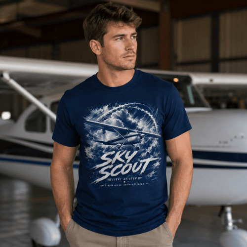 Model wearing Sky Scout light aircraft navy aviation T-shirt, front view