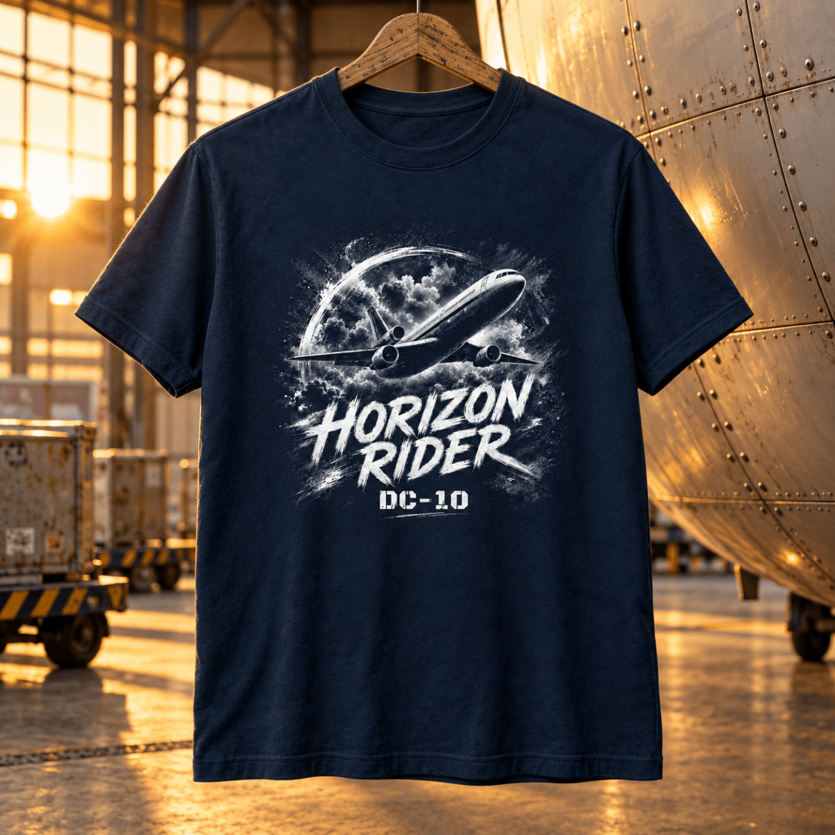 Horizon Rider DC-10 navy aviation T-shirt in golden-hour component hangar